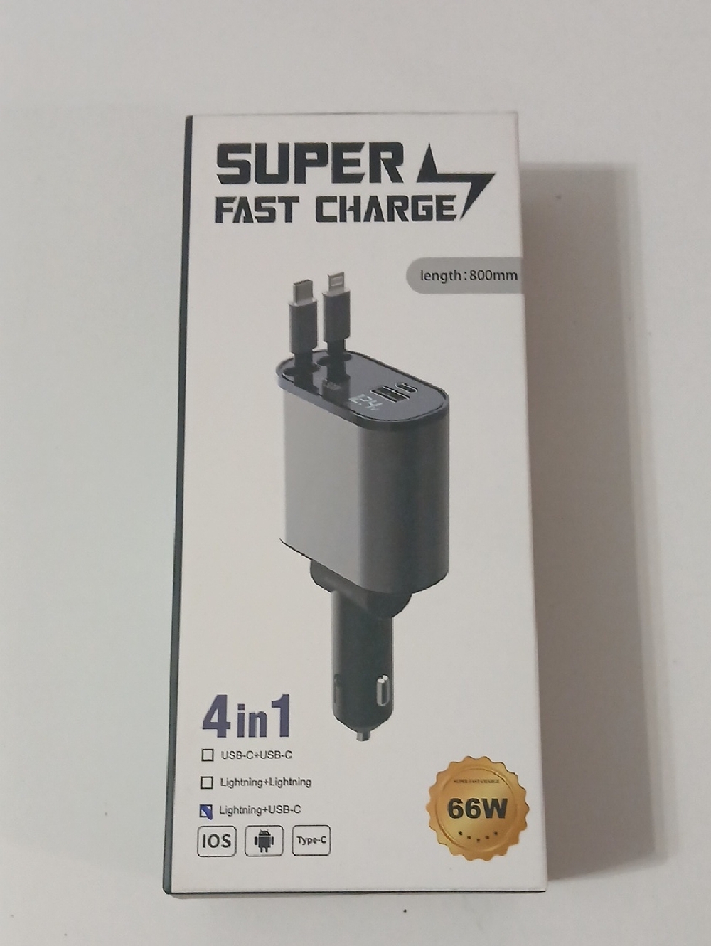 4-in-1 Super Fast Charge Car Adapter - Gray With Retractable Cords